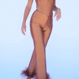 REZEK STUDIO | Corset & Cropped Brown Pants with Feather Trim Set